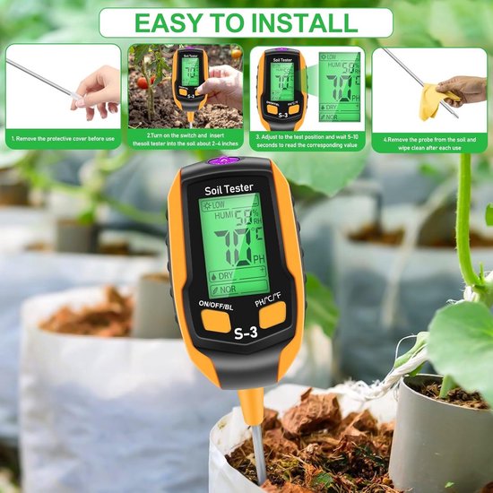 Oranje en zwarte bodemtester met groen display, getoond in een installatiegids met vier panelen en planten.