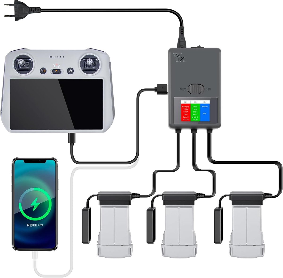 Acculader Hub - Laadstation Drone - Batterijen Opladen - 5-in-1 Parallel - 12.4 x 8.2 x 3 cm