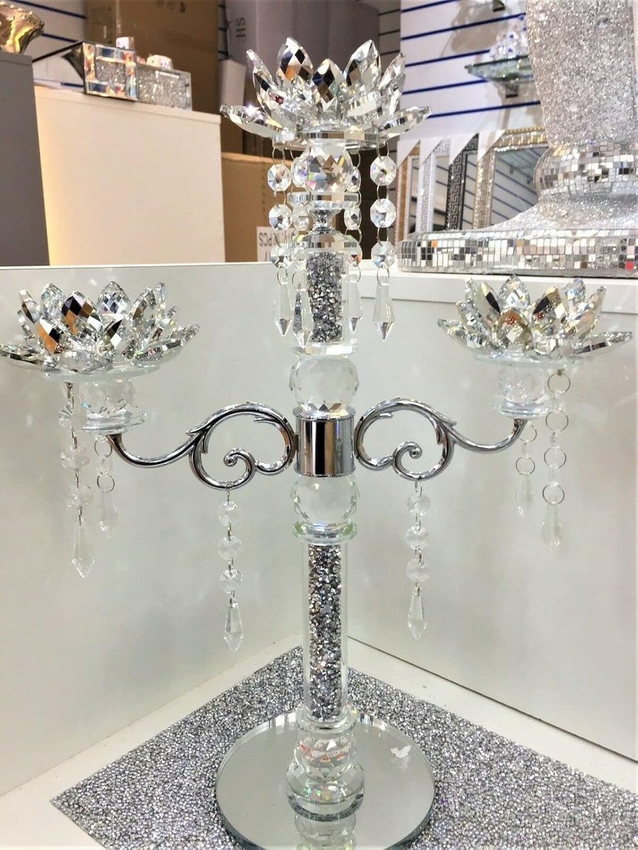 Kristallen Kandelaar - Lotus Bloem Houder - Sfeervolle Decoratie - Verpletterde Diamant Effect - 3 Cup - Zilver