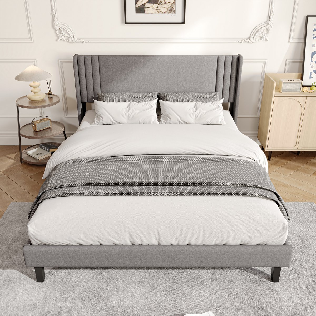Modern Tweepersoonsbed 160x200 cm – Grijs Linnen Bed met Gestreept Hoofdbord – Opbergruimte en Stil Design