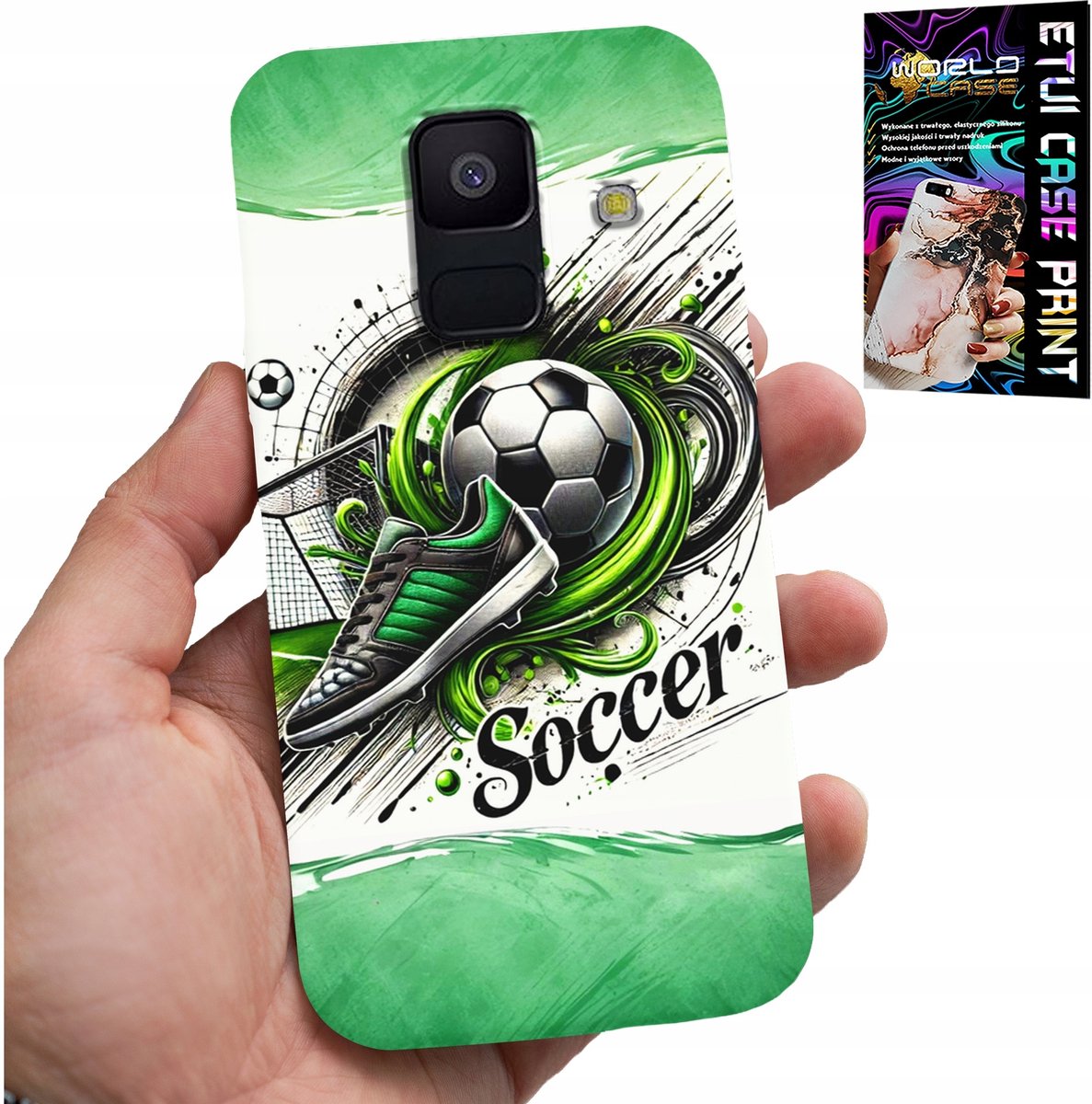 HOESJE VOOR SAMSUNG A6 2018 - VOETBAL, VOETBALHOESJE + GLAS