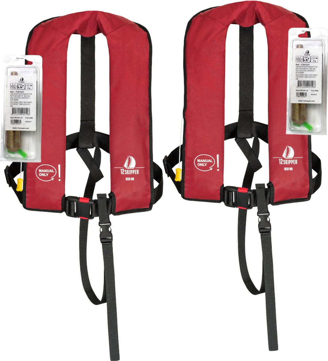 Set van 2: 12skipper reddingsvest met handmatige activering 165N ISO, rood, inclusief herlaadset