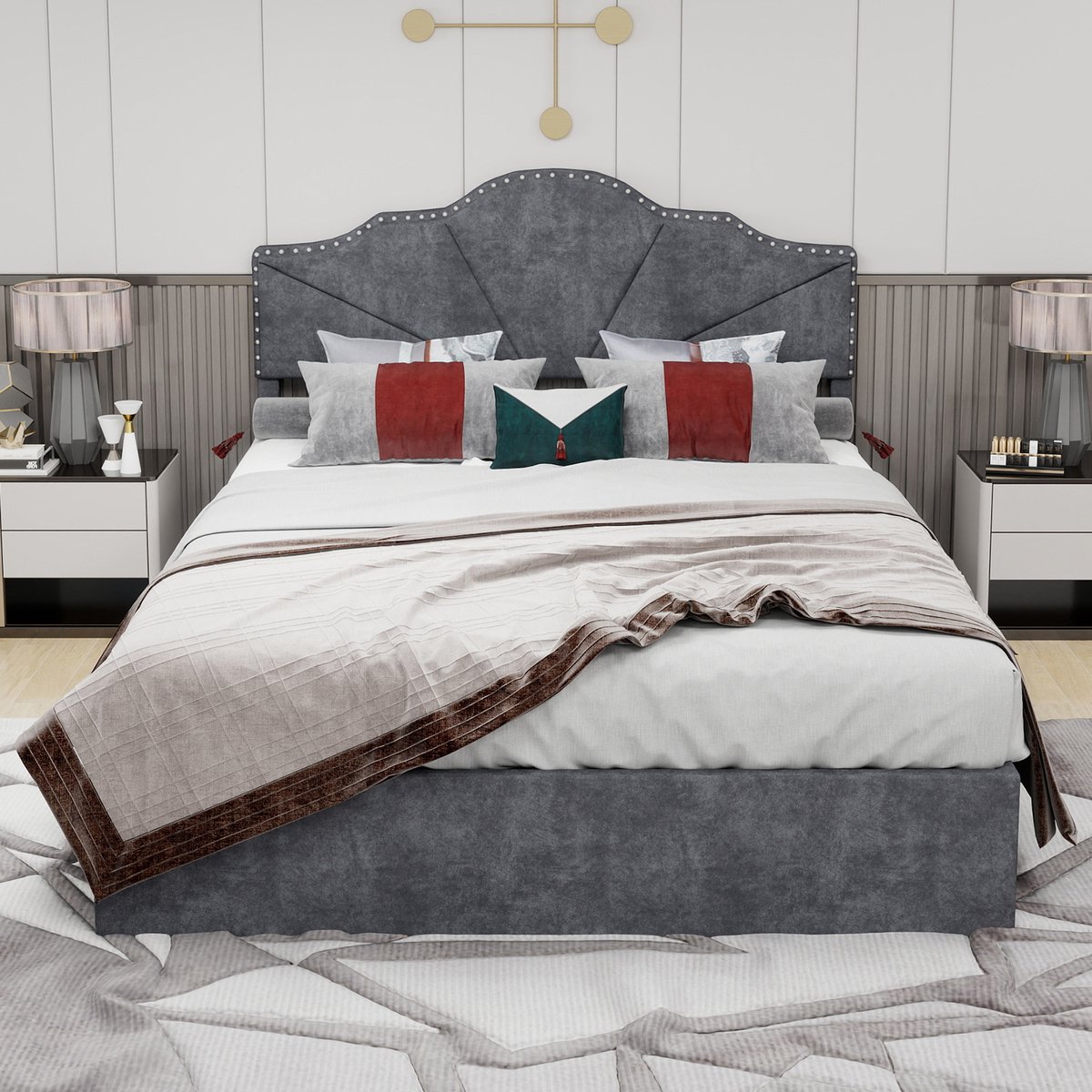 MODENUIT Gestoffeerd bed 140x200 cm – Geometrisch hoofdbord – Met lattenbodem – Metalen frame – Zonder matras – Grijs