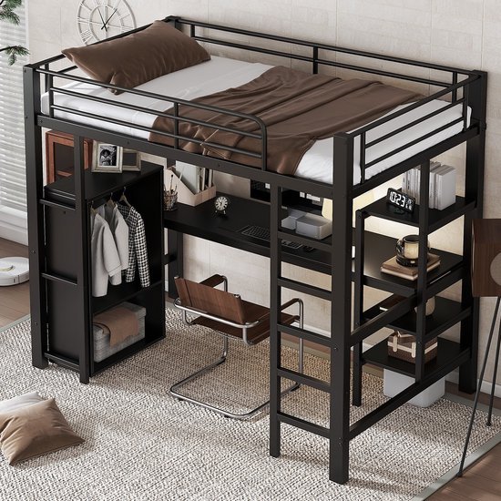 MODENUIT Hoogslaper 90x200 cm – Met Bureau, Kast en 3 Opbergvakken – 5-treeds Ladder – Metaal en MDF – Zonder matras – Zwart