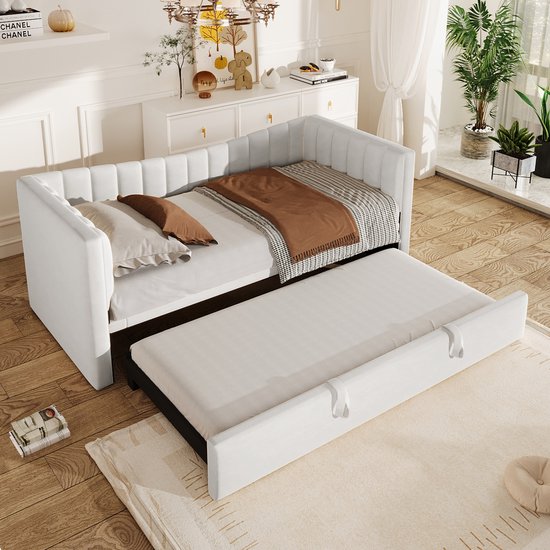 MODENUIT Canapé-lit 90x200 cm – Lit gigogne avec fonction d'accueil – De 1 à 2 personnes – Sans matelas – Velours – Blanc