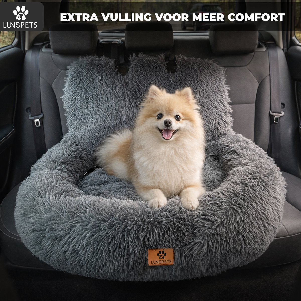 Lunspets - Hondenmand Auto - Autostoel Hond - Automand hond - Hondenstoel Auto - 90x60 CM- Incl. Autogordel - Geschikt voor elke auto - Donkergrijs – foto 5