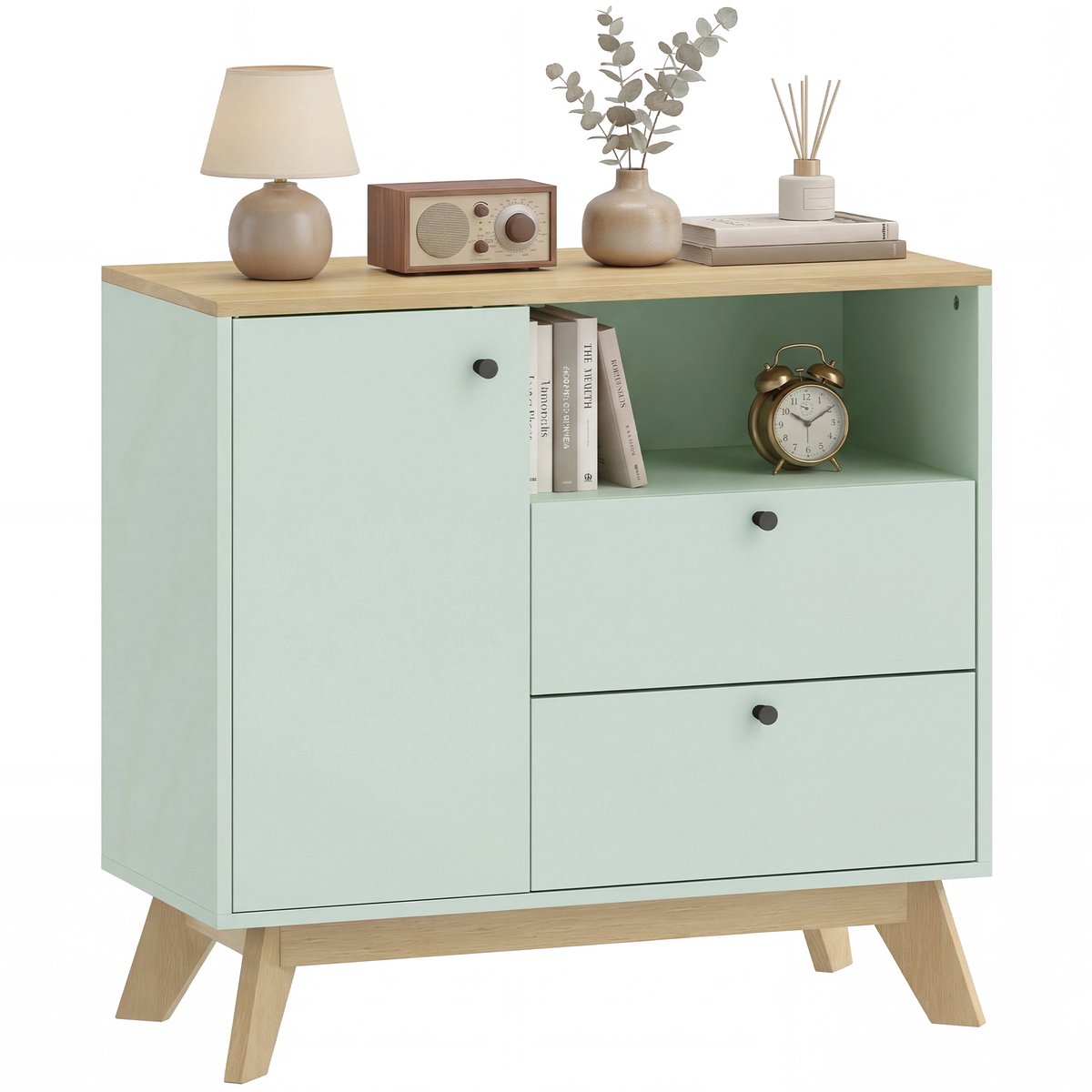 HOMCOM Dressoir - MDF - 80 x 35 x 76,3 cm - Lichtgroen en eikenhout