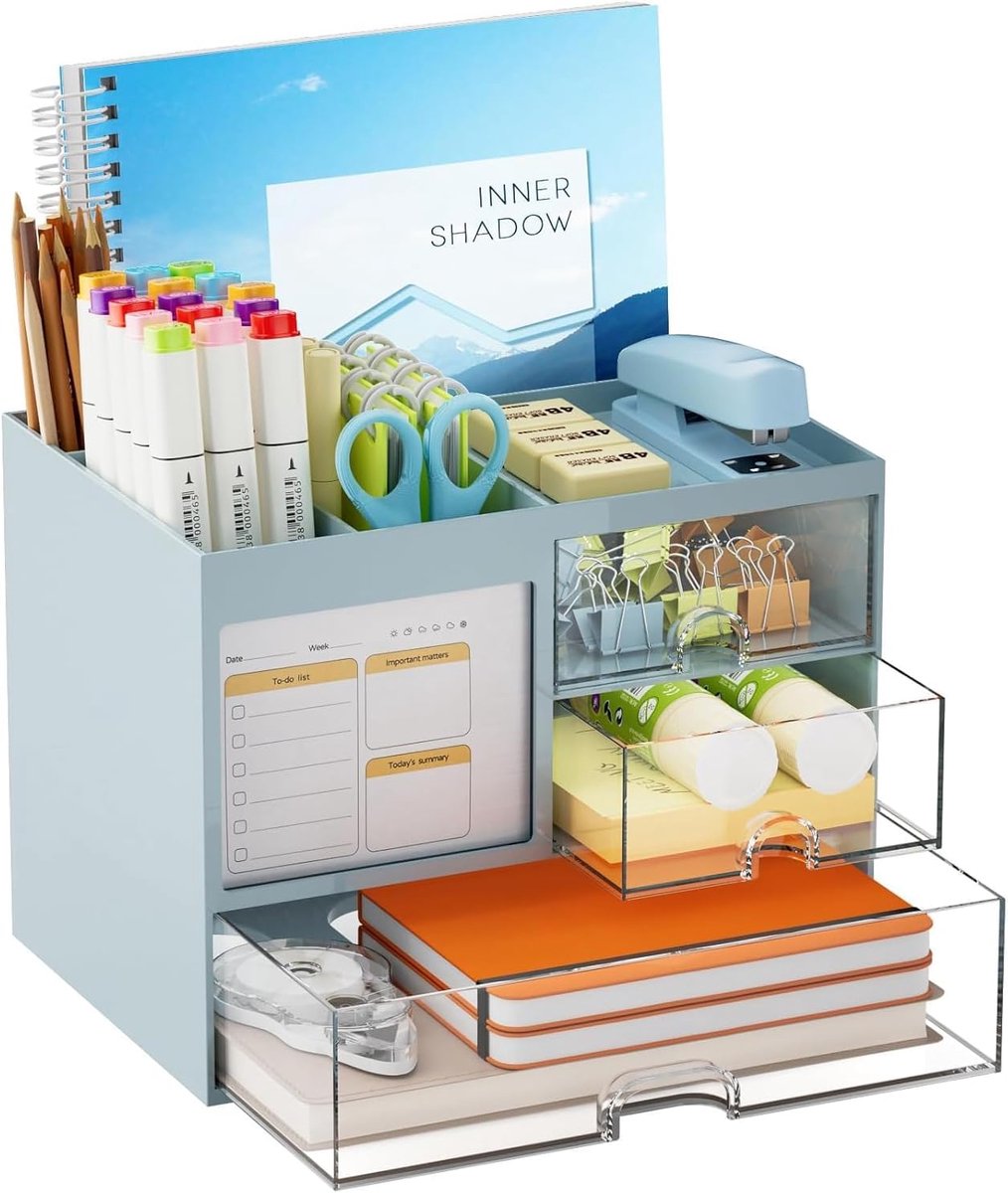 Bureau Organizer - Opberger Laden - Kantoor Thuis - 3 Doorzichtige Laden - 10x10x5 cm - Blauw