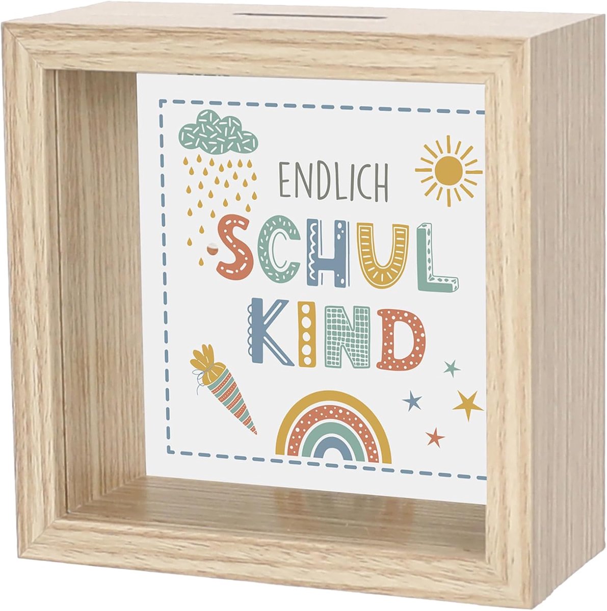 Bedrukte spaarpot - Geldkistje kind - Eerste schooldag - Hout met glas - 65 x 145 cm - Naturel