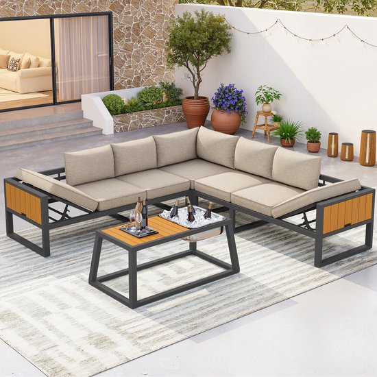 Sweiko Tuin loungeset - Meubles modulaires - Canapé d'angle - Dossier réglable - Met table - Cadre en métal - Beige
