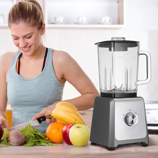 Keukenblender - 1,6 Liter Glas Kan - 6 Messen & Instelbare Snelheden - Voor Smoothies, Sap & IJs - Zilver - EU-stekker van Merkloos — afbeelding 2