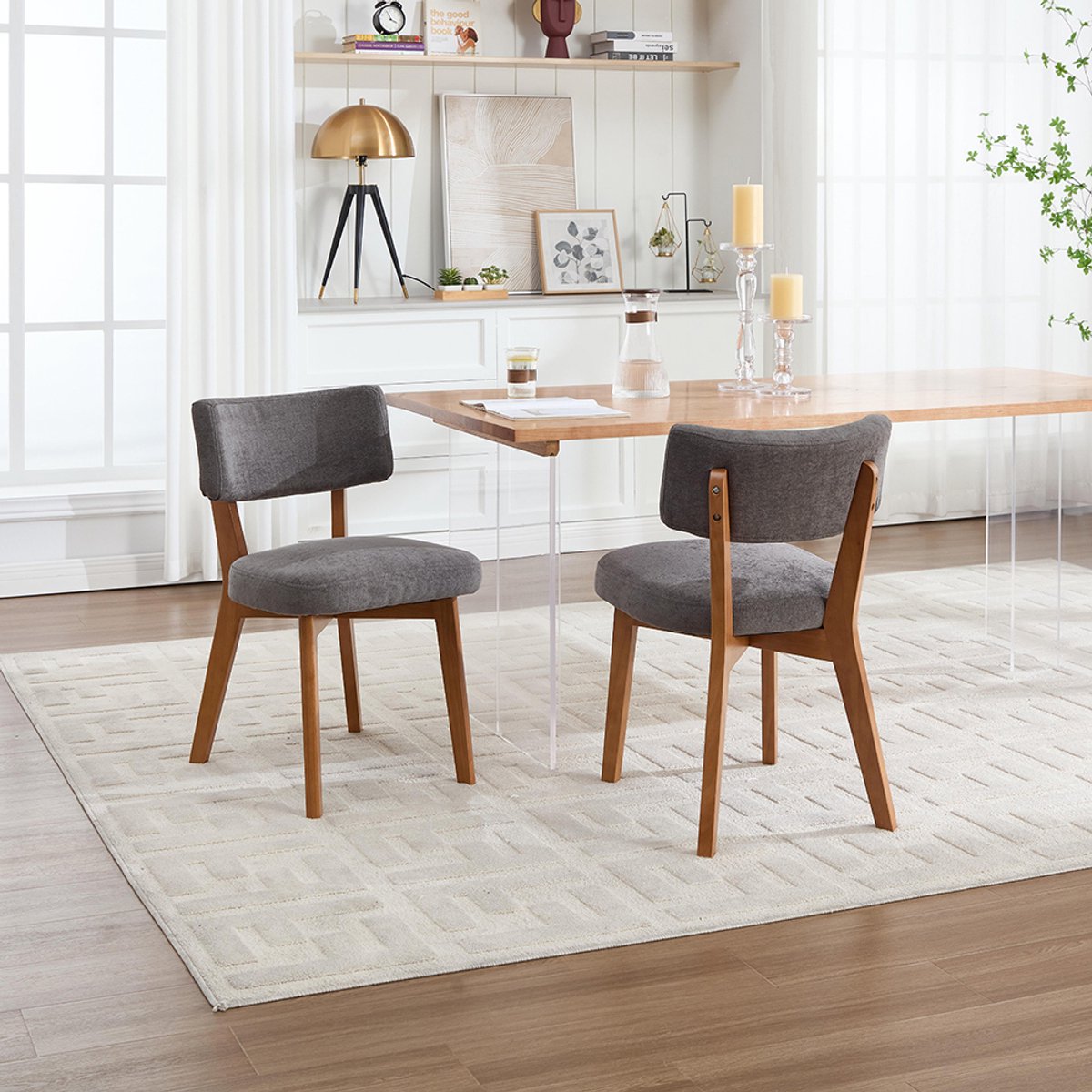 KOMHTOM BLACKCOLORS Set van 2 moderne eetkamerstoelen in mid-century-stijl, poten van massief hout, gestoffeerde zitting, voor in de keuken, eetkamer of kantoor Grijs