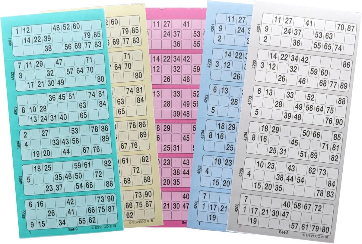 Bingo Kaarten - Loterij Vellen - Feestelijke Spelletjes - Systeem 15 van 90 - 22 x 10 cm - Multicolor