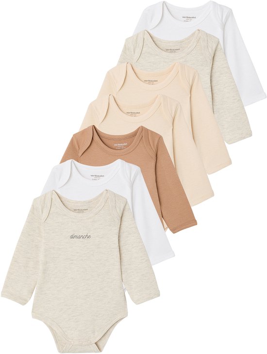 Zeven rompertjes met lange mouwen in verschillende effen kleuren en met de dagen van de week in het zwart.