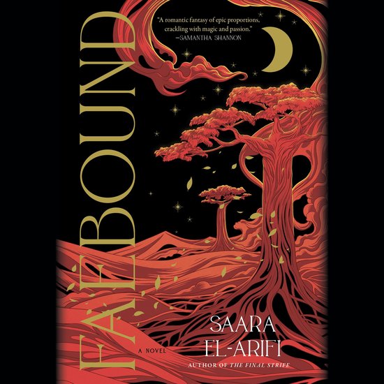 Boekomslag voor 'Faebound' met een oranje en rode surrealistische fantasiewereld met bomen, bergen en een halve maan onder een nachtelijke hemel.