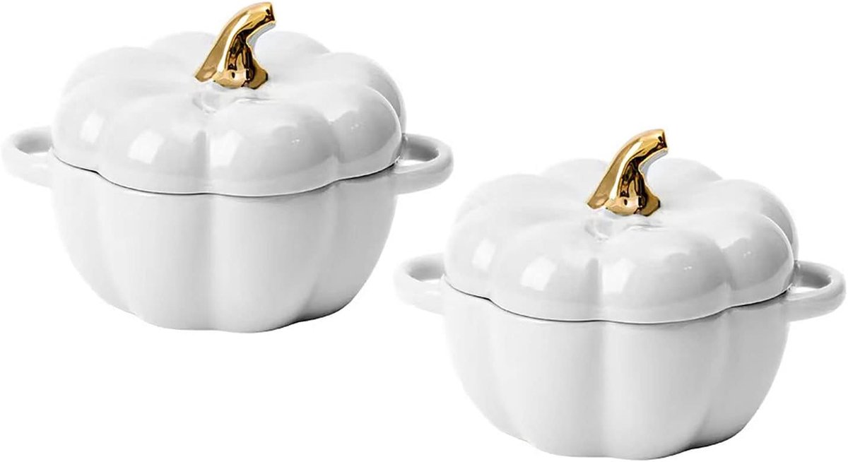 Pompoen Kom Set - Ramekins met Deksel - Oven tot Tafel - Vaatwasserbestendig - 14 oz - Wit