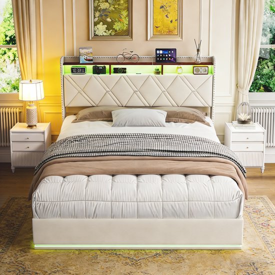 Opbergbed 140x200 cm met RGB LED en USB/Type-C – Tweepersoonsbed met Hoofdeinde Lattenbodem en Opbergruimte, Linnen Beige met Metalen Nijlen, voor Volwassenen & Tienerjongeren (Zonder Matras)