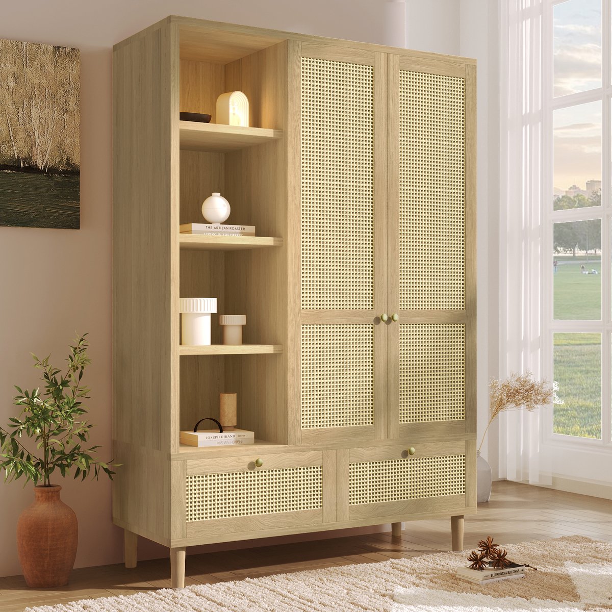 Wishdor - Kledingkast - 2 Deuren, 2 Laden En Open Vakken - Landelijke Stijl - Voor Slaapkamer - Hout - Eikenkleur - 180 x 120 x 50 cm