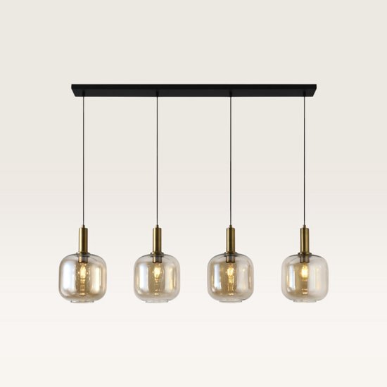Lusenz - Hanglamp eettafel - 4 lichts Amber glas - Design hanglamp - E27 Fitting - Dimbaar - Zwart - Voor Eetkamer, gang, woonkamer, slaapkamer - Hoogte verstelbaar - Moderne hanglamp