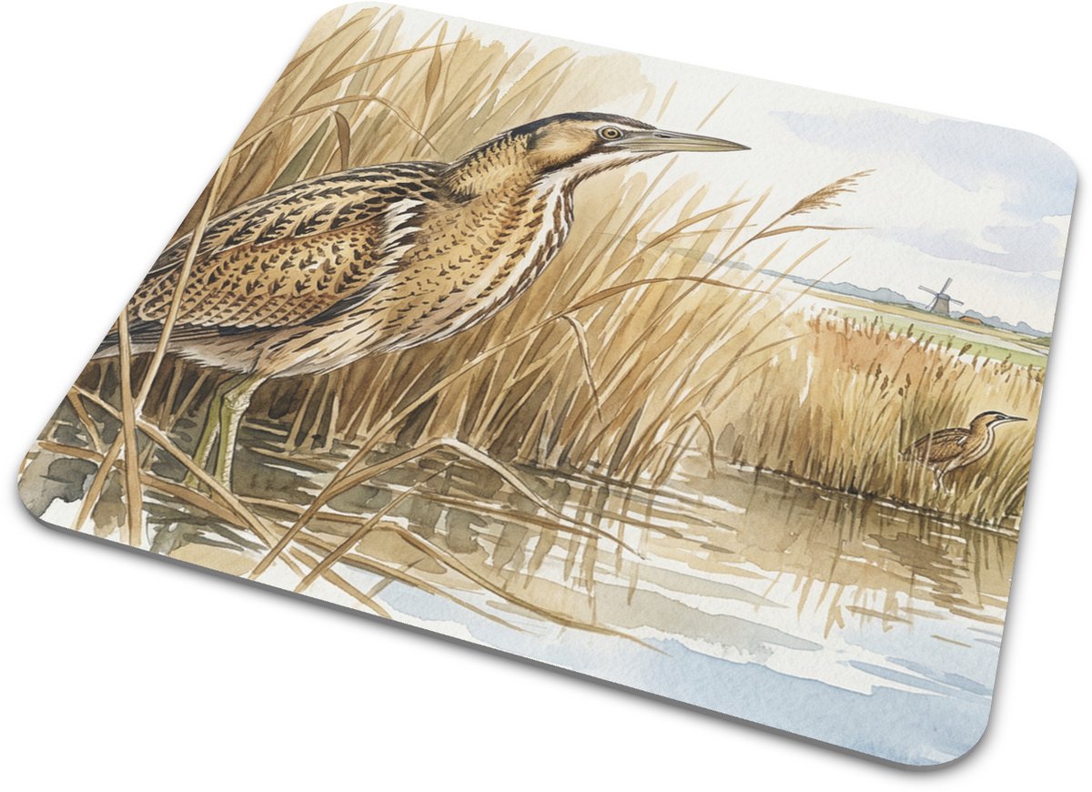 Roerdomp Muismat in Rietkraag met Hollandse Molen - Aquarel Series Watervogel Illustratie Deskmat - Kantoor en Thuiswerk Computermat - Cadeau voor hem & haar: Vrouw, Vriend(in) & Collega - Natuur Moeras Polder Vogelaar Fauna Dieren Decoratie
