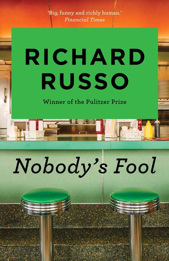 Boekcover van 'Nobody's Fool' van Richard Russo, met een diner counter en twee krukken.