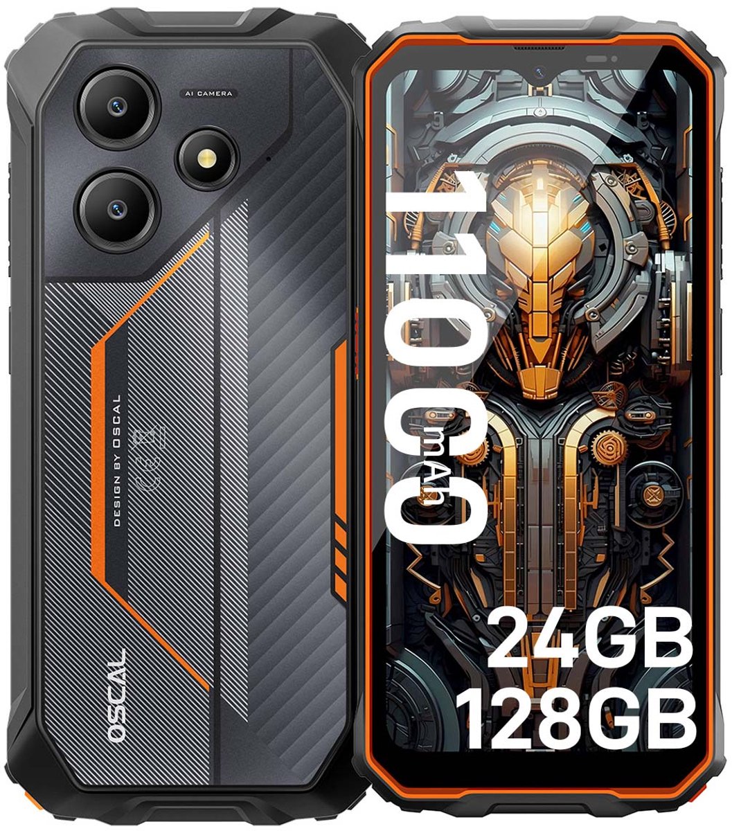 OSCAL MARINE 2 Robuuste Smartphone - Gemini AI - 24GB RAM+128GB ROM - 11000mAh Robuuste Telefoon - 6,56 Inch - IP68 IP69K - Dual SIM 4G - Android 15 - BT5.2 - NFC GPS - Oranje