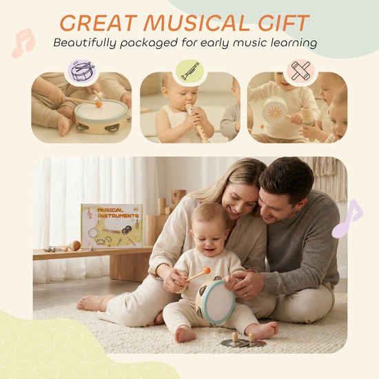Een baby wordt vastgehouden door ouders, omringd door houten muziekinstrumenten. Boven kleine foto's van baby's met instrumenten.