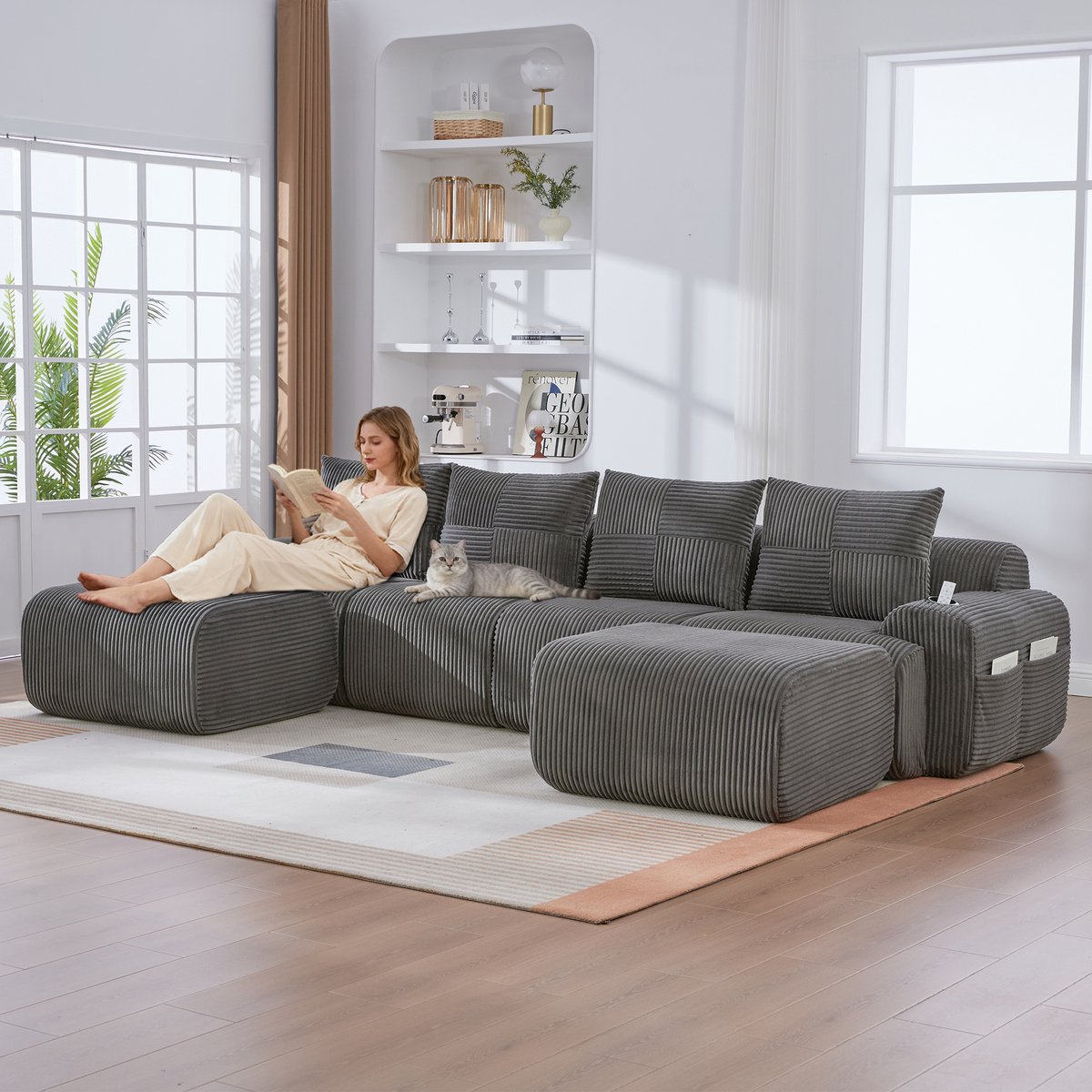 Modulaire Cordbank 4-Persoons met 2 Hockers - Dunkelgrijs, met Drinkhouder en Opbergzak, Geschikt voor Woonkamer & Appartement