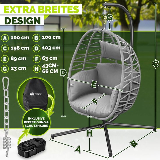 tillvex® Hangstoel met Standaard Outdoor & Weerbestendige Hoes incl. Bevestiging | Hangmand Opklapbaar tot 150 kg | Hangstoel van Rotan | Hangstoel voor Indoor Tuin Balkon Terras