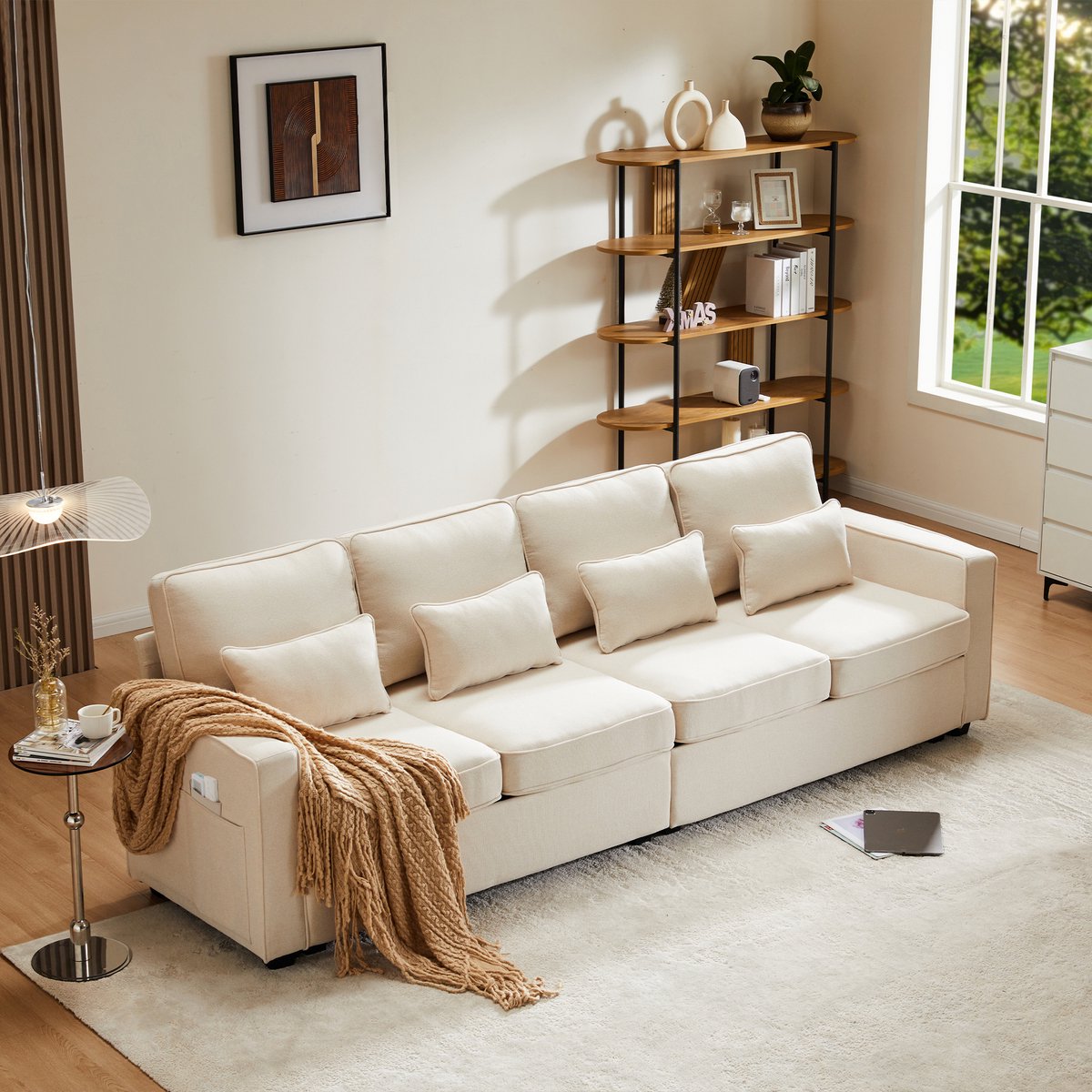 REDOM - Vierzitsbank Met Opbergtassen En 4 Kussens - Modern - Voor Woonkamer Of Kantoor - Linnen - Beige - 264 X 83 X 87 Cm