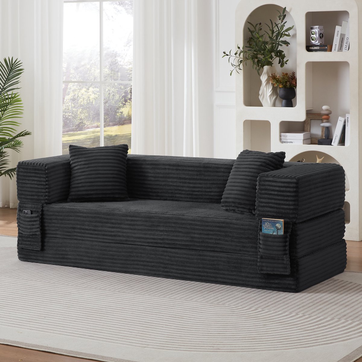 REDOM Slaapbank - Vierkant ontwerp in klassieke stijl - Omvormbaar tot tweepersoonsbed - Modern en compact - Voor in de woonkamer - Schuim - Donkergrijs - 200 x 76 x 60 cm