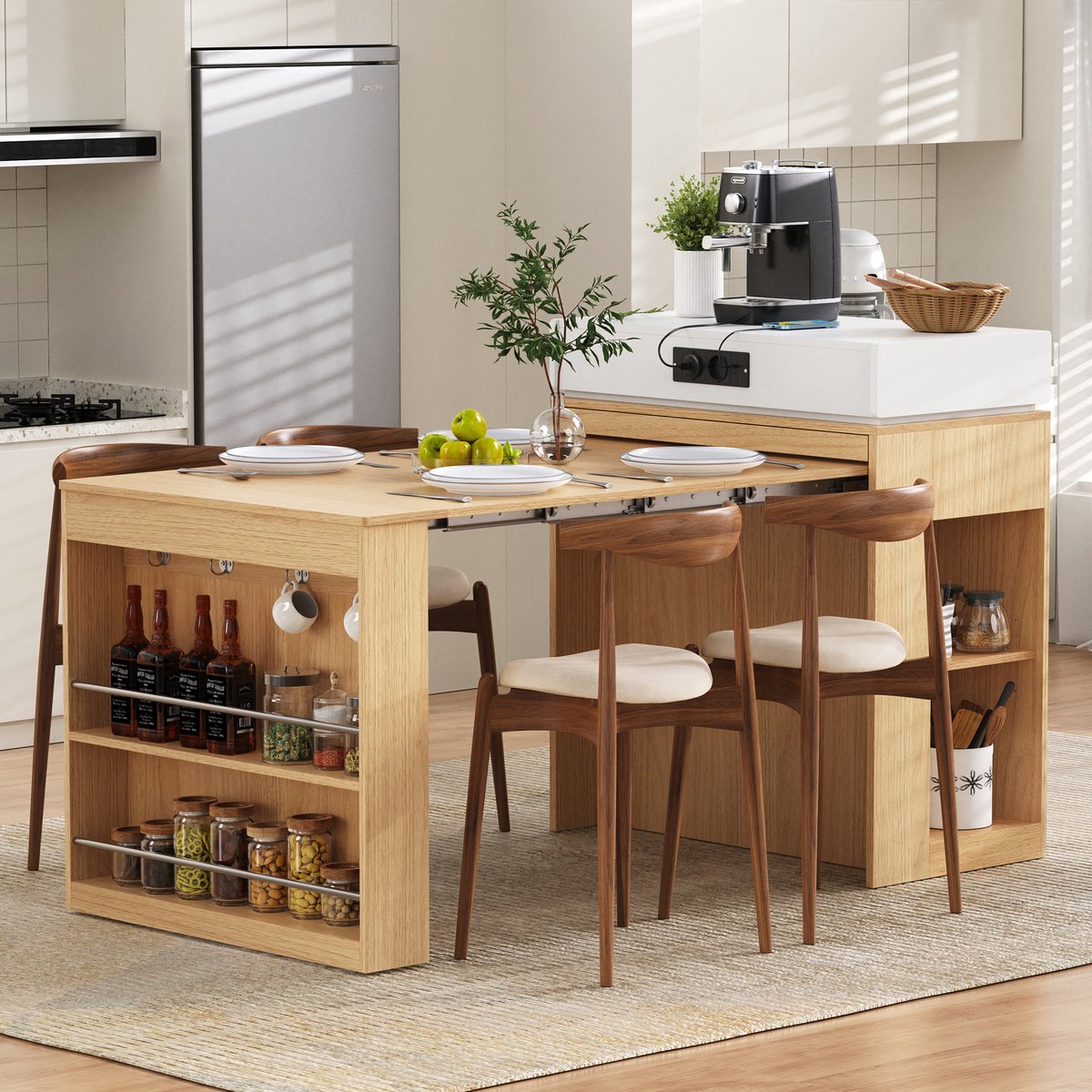 Wishdor Keukeneiland - Uitschuifbare Tafel En Opbergruimte - Scandinavisch - Voor Keuken En Eetkamer - MDF En Glas - Naturel Natuurlijk