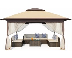 Opvouwbare partytent met horren, 3x3 m – kaki – 4 zijhorren, waterdicht, UV50+, pop-up, in hoogte verstelbaar, dubbel dak
