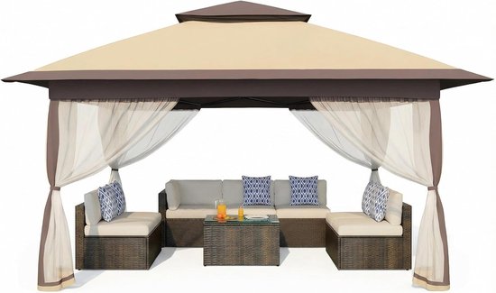 Opvouwbare partytent met horren, 3x3 m – kaki – 4 zijhorren, waterdicht, UV50+, pop-up, in hoogte verstelbaar, dubbel dak