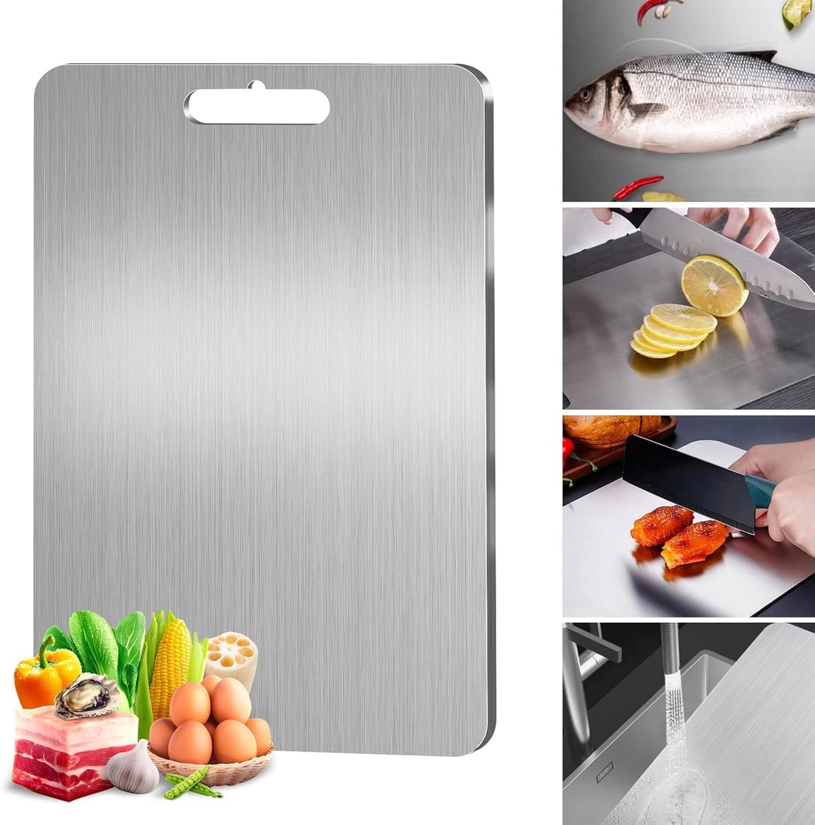 Oneay Snijplank van titaniumlegering — Keukenspecifieke, dubbelzijdige snijplank van voedselveilig titanium — Ontworpen voor het snijden van vlees, fruit en groenten (34 x 23 cm)