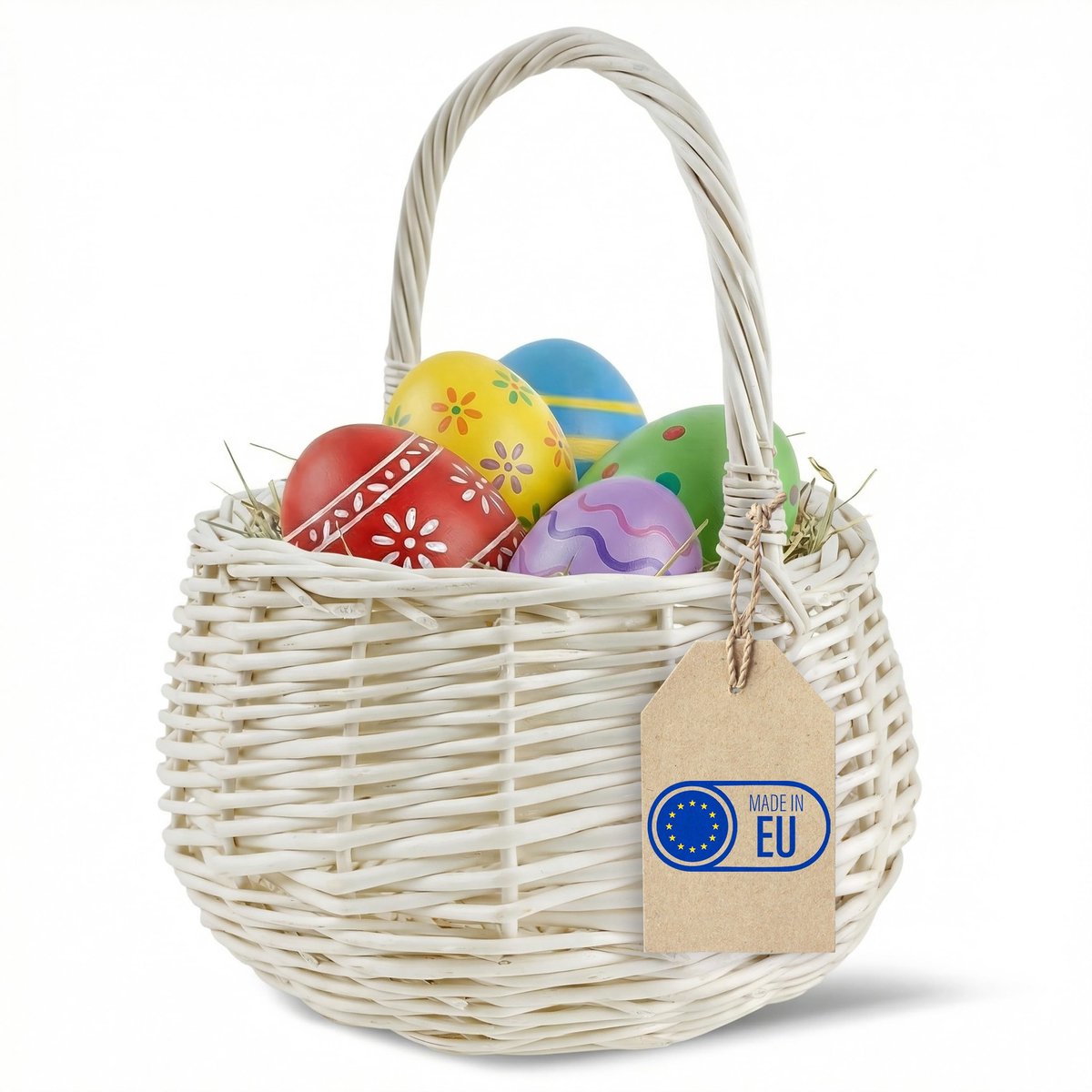 Creative Home Paasmandje Klein rieten mandje met handvat Wit Rond | Klein 16 x 16 x 20 cm (+/- 2 cm) | Handgeweven cadeaumand, fruitmand, wasmand | Paasmandje