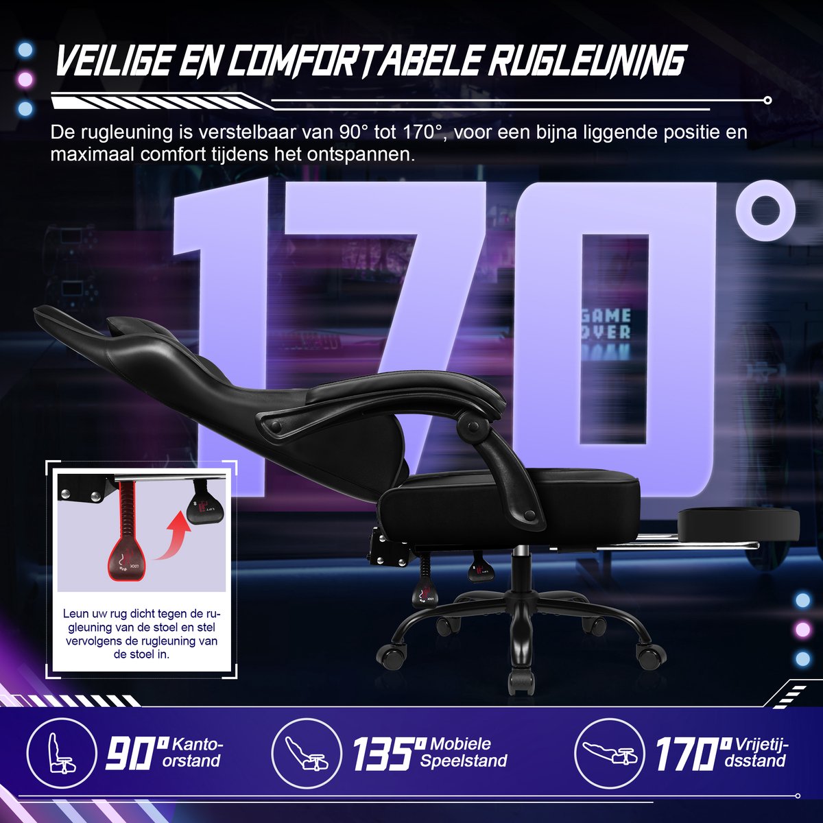 Hiaonyx Gaming Stoel 170° Verstelbaar Zwart met Voetsteun - afbeelding 2
