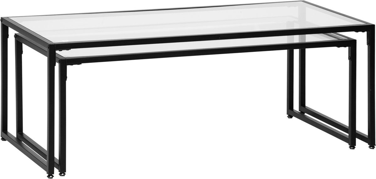 MODFU 2-delige glazen salontafelset, stapelbaar, zwart stalen frame, gehard glas, 10 kg draaglast Transparent