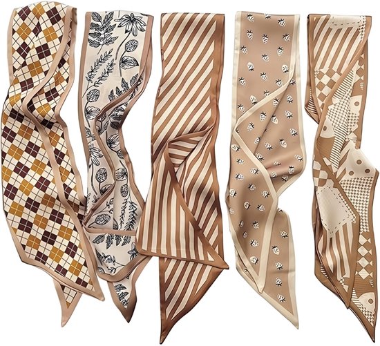 5 zijden sjaaltje dames - zijden sjaal - satijnen sjaal - neksjaal - Modeaccessoires - Te gebruiken in handtassen, portemonnees en kapsels - Bruin