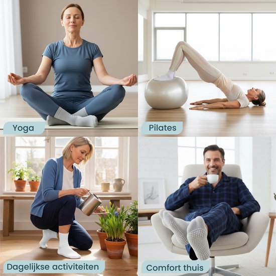 Collage van vier afbeeldingen: yoga, pilates, tuinieren, ontspannen thuis. De personen dragen allemaal antislip sokken.