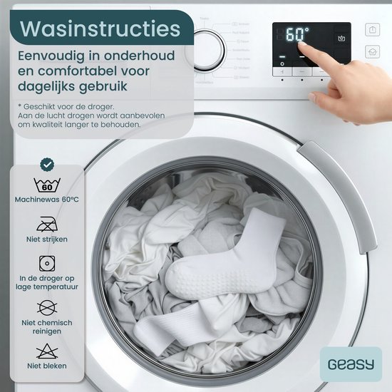 Wasmachine met witte en grijze sokken erin. Deurtje open met wasinstructies. 60°C.