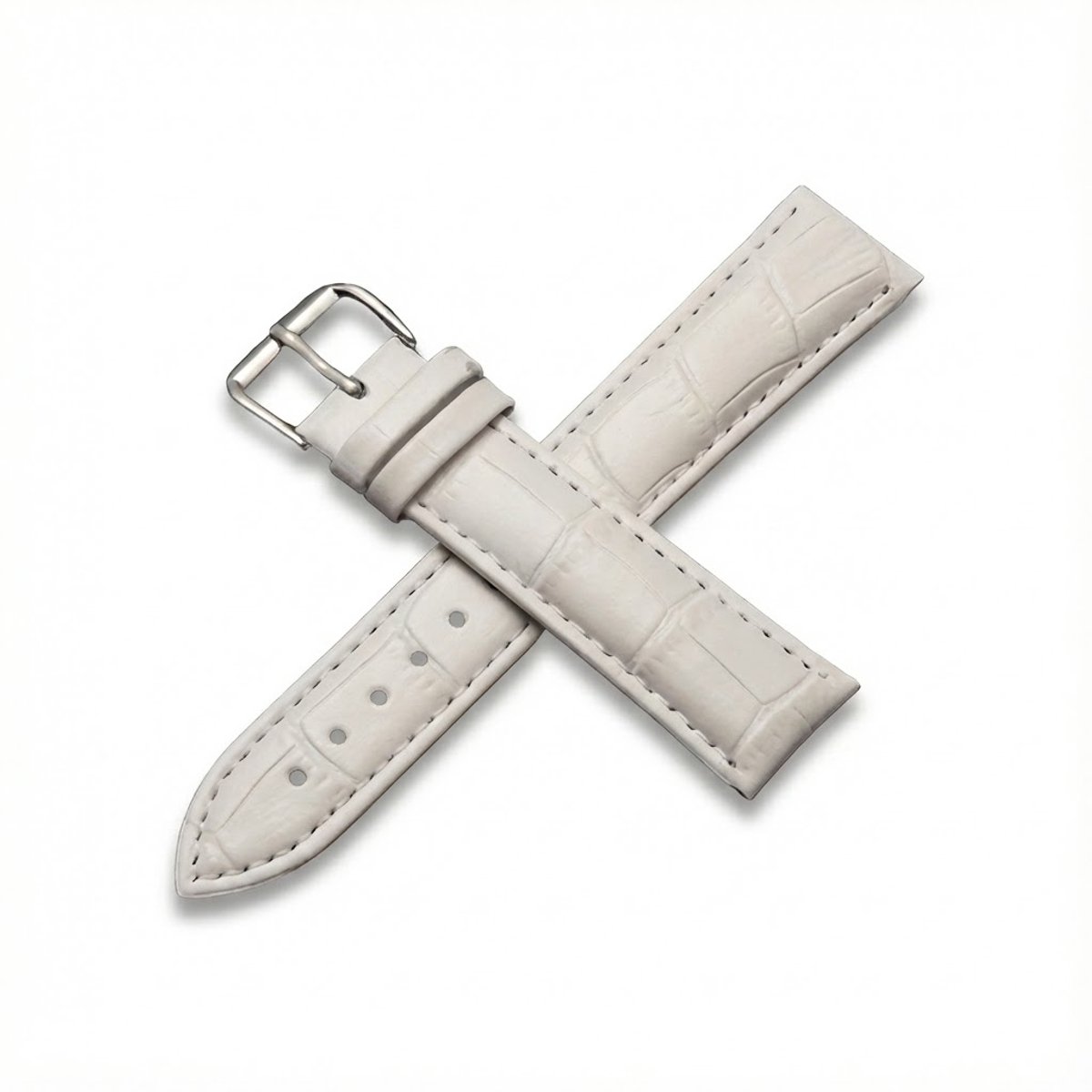 Wit horlogebandje 16 mm geschikt voor dames en heren met krokodillenlook structuur en zilverkleurige gesp, smal vervangend horloge bandje met stiksel
