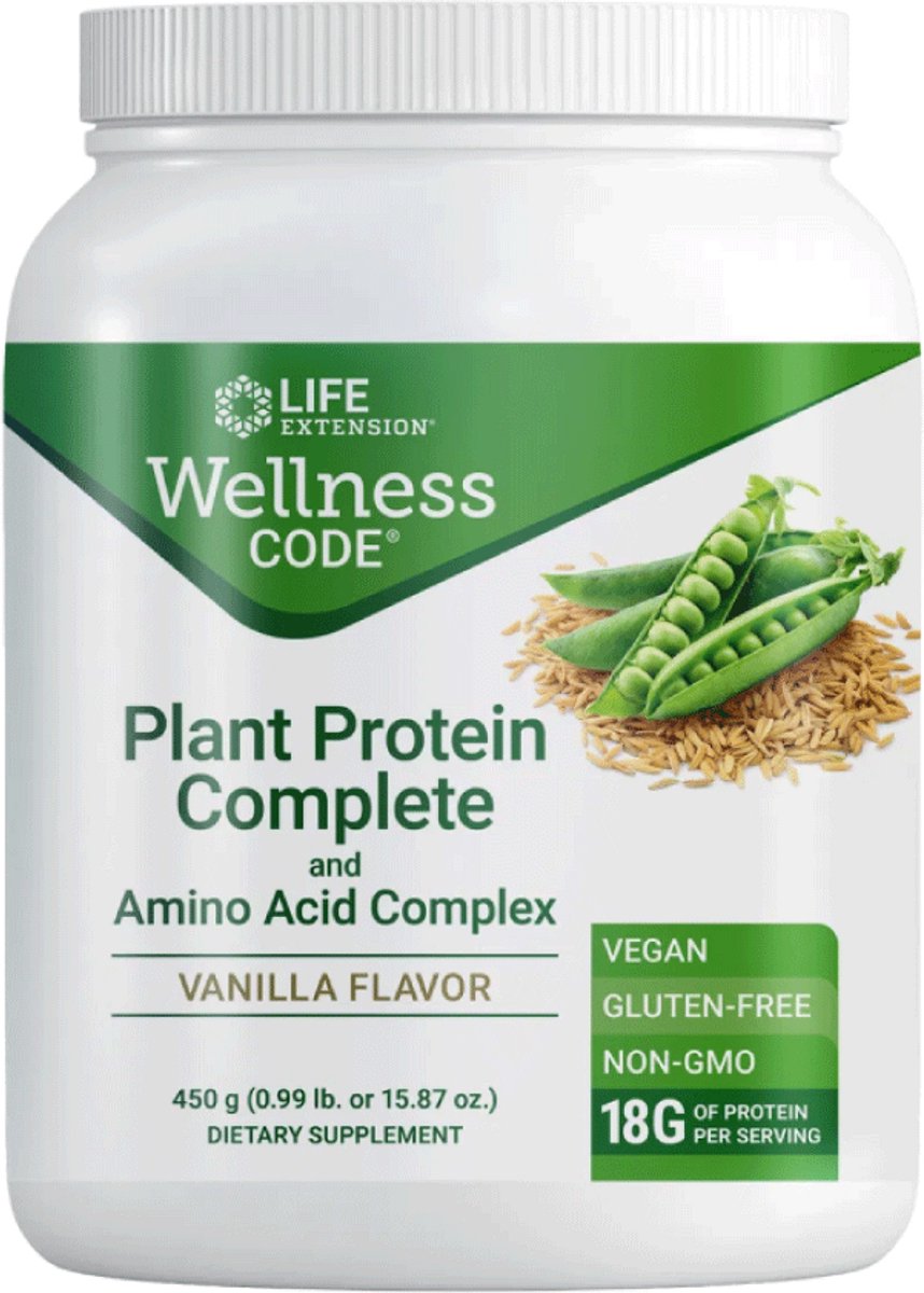 Life Extension - Wellness Code® Plant Protein Complete & Amino Acid Complex - 450 gram Poedervorm - 15 Dagdoseringen - 18 gram Proteïne per dagdosering - Voedingssupplementen