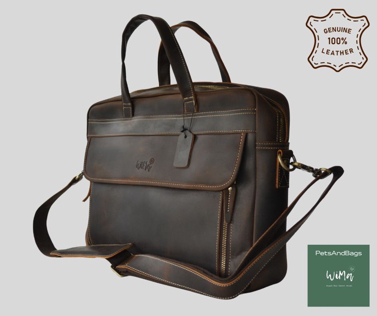 WiMa PetsAndBags - Laptoptas -Amsterdam – 17 inch Crazy Horse (rund) leren laptoptas (handgemaakt)