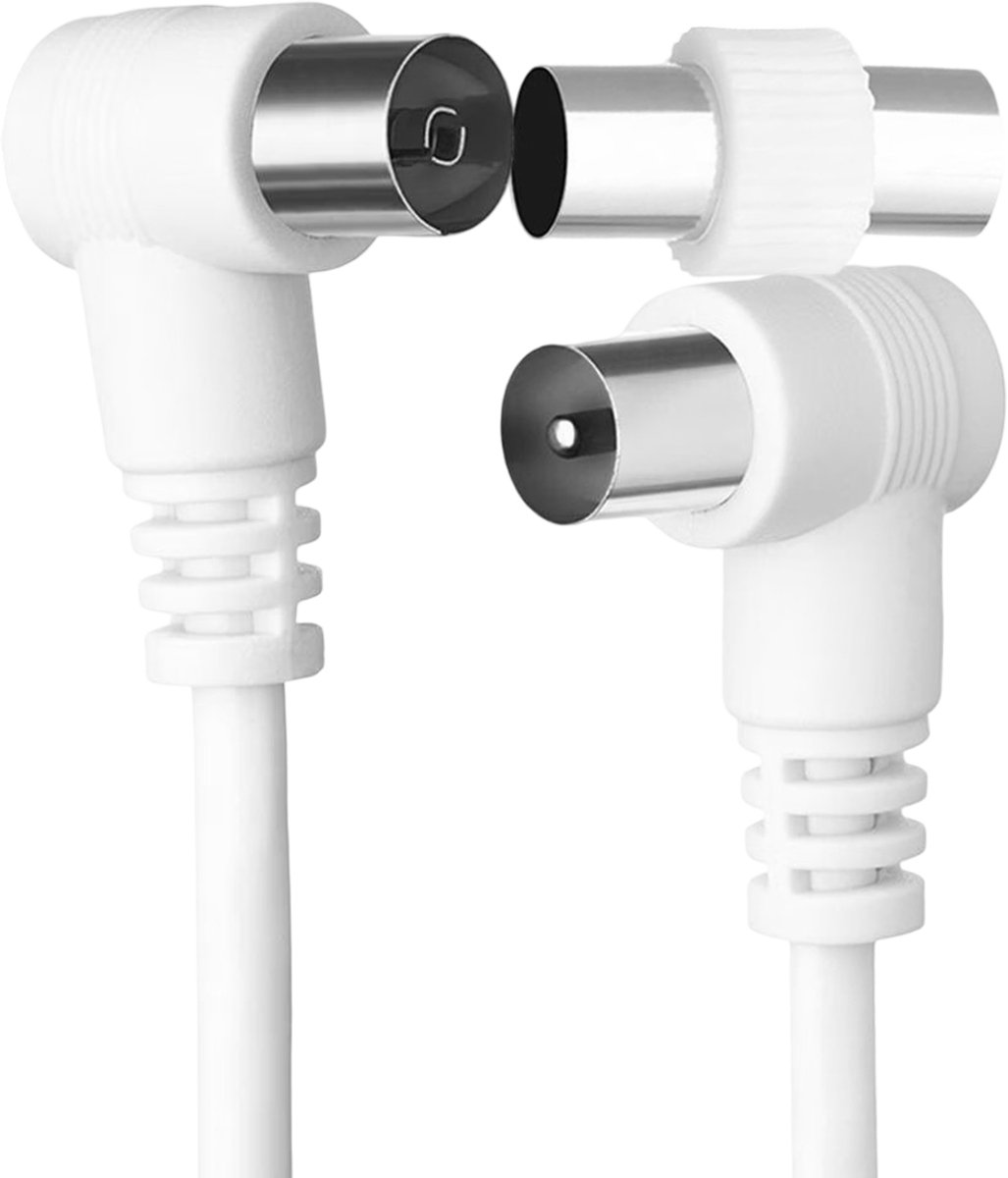 Force Case, Coaxiale TV Kabel 9.52mm Male naar Vrouwelijke Haaks 90° 2m met Adapter, Wit