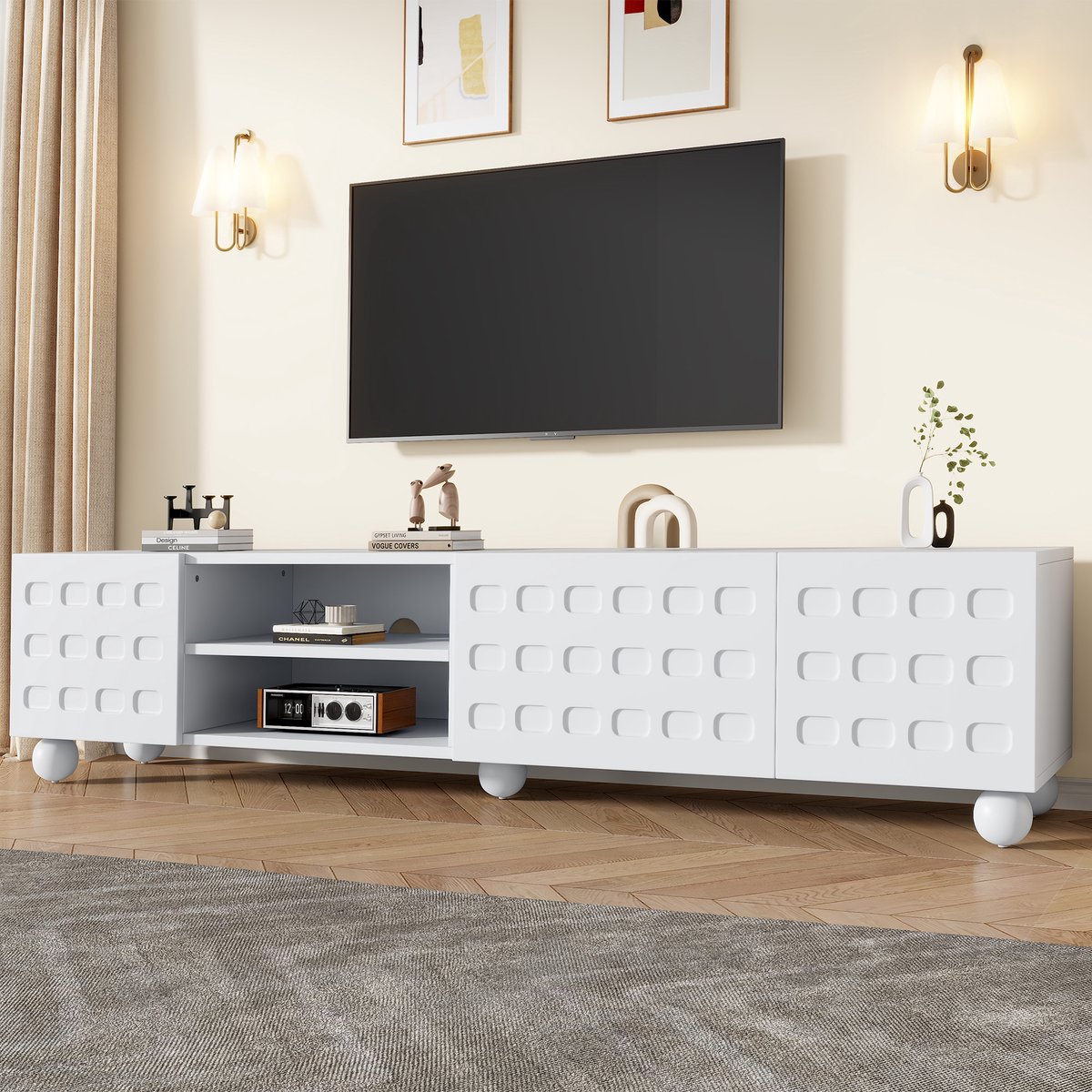 Wishdor Tv-Meubel Met 3 Deuren En Halfopen Vakken - Bedrukte Deuren - Spaanplaat - Wit - 200 X 40 X 44 Cm