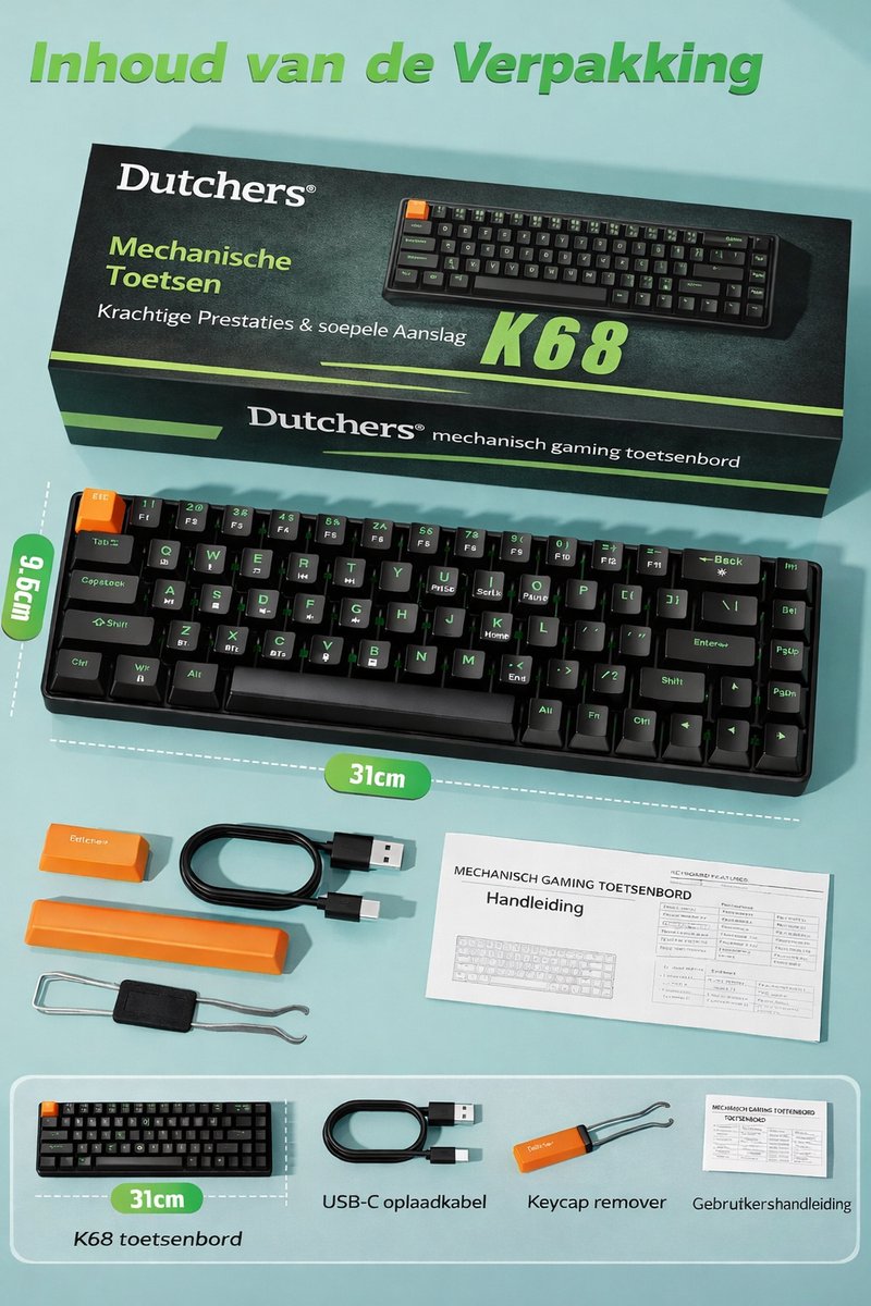 Dutchers.® Gaming Keyboard 60% - Mechanisch Toetsenbord - Draadloos & Bedraad - 60 Procent - 2,4 GHz/Type-C/BT5.0 - Usb/Bluetooth - QWERTY - Compact – Bluetooth / 2.4G / USB-C – 2000mAh Accu – Zwart thumbnail 5