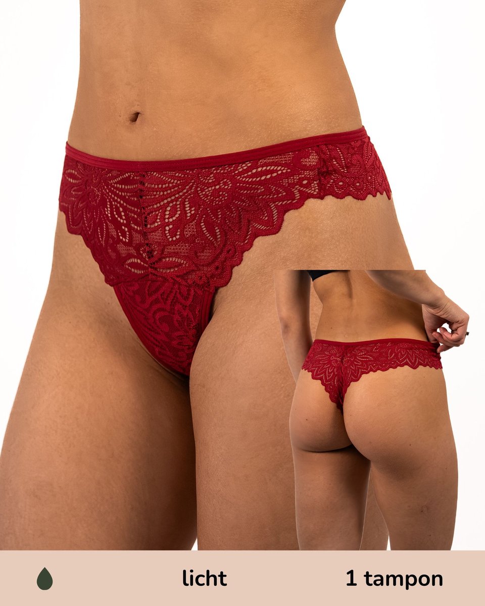 Moodies menstruatie ondergoed - String lace - licht kruisje - Rood - maat XS