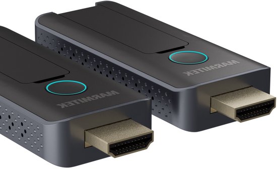Twee zwarte en zilverkleurige Marmitek Stream S1 Pro apparaten met HDMI-poorten en blauwe ringen.