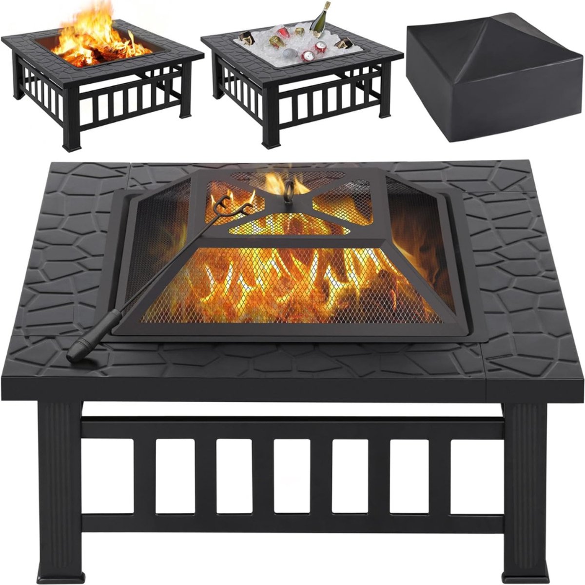 Aura® Vuurkorf Met Vonkenscherm - Vuurkorf - Vuurhaard - Zwart - ‎81cm x 81cm x 50cm